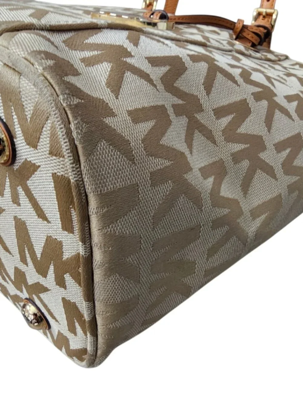 Michael Kors Jet Set Monogram Canvas Leather Boho Tote Shoulder Bag COA Beige